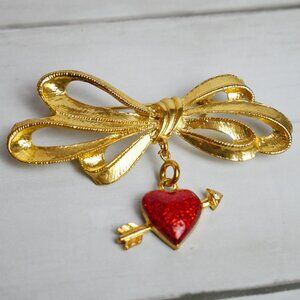 Phister Ent 1996 Ribbon Red Enamel Dangle Heart Brooch Valentine's Day Gold Tone